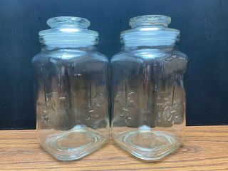 2 Vtg Anchor Hocking Clear Glass Canisters Fleur De Lis Square Apothecary Jars 2
