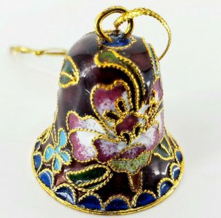 Vintage Cloisonne Enamel Bell Gold & Blue W Pink Rose Floral Decor Or Ornament