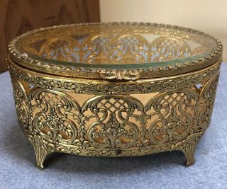 Vintage Ormolu Gold Filigree Beveled Glass Jewelry Casket Ornate Footed Oval Box