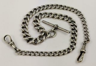 Antique Double Albert Sterling Silver Pocket Watch Chain 1909 14.  6 Inch