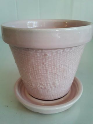 Shawnee Usa Vtg Pink Pottery Planter Flower Pot W Burlap Texture & Saucer 4 " Hi