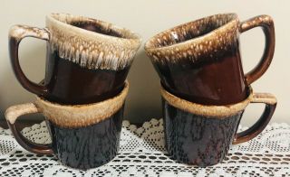 Set Of 4 Vintage Mccoy? Usa Brown Drip Mirror Glaze Coffee Mugs/cups " D " Handle