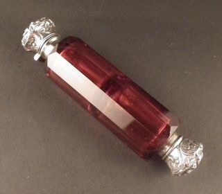 Lovely Victorian Ruby Glass & Silver Double Ended Scent / Perfume Bottle C.  1870
