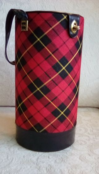 Vintage Tartan Plaid Knitting Tote Tube Holds Yarn Needles Round Container 10 "