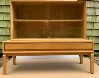 2 - piece Midcentury Oak cabinet with glass doors on table base with (2) drawers 2