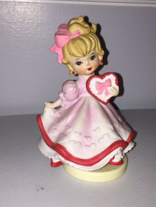 Vintage 50s Lefton Japan Ceramic Pink Valentines Heart Girl Figurine Music Box