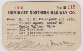 1916 Okmulgee Northern Railway Co.  Oklahoma Annual Pass