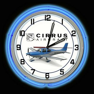 19 " Cirrus Aircraft Airplane Sign Blue Double Neon Clock Blue Neon Chrome Finish