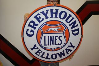 Large Greyhound Yelloway Line Bus Station Depot Gas Oil 30 " Porcelain Metal Sign