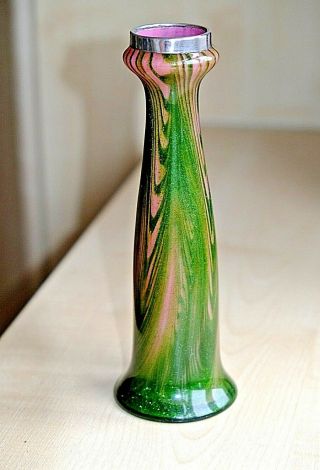 An Antique Silver Top Art Nouveau Rindskopf Bohemian Aventurine Glass Vase 1905