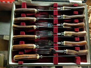 Lewis Rose & Co. ,  Sheffield,  England,  Antique 12 Piece Stag Horn Forks & Knives
