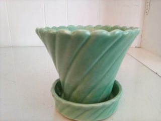 Vintage 1930s - 40 Soft Green Planter Flower Pot W Saucer Swirled Pattern 4 " High