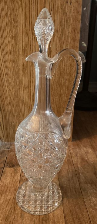 Vintage Clear Cut Crystal Glass Wine Decanter W/ Stopper And Handle