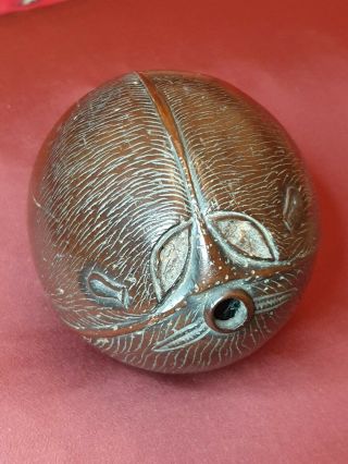 19th C Very Fine Bugbear Carved Coconut Maritime Sailors Powder Flask Scrimshaw