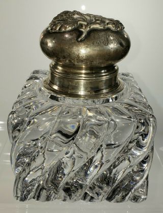 Baccarat Square Crystal Inkwell Inkstand George W.  Shiebler Sterling Silver Lid