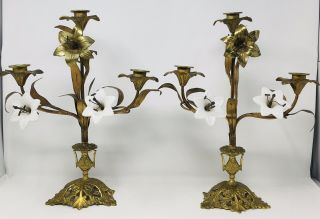 Pair Antique French Gilt Brass Church Altar Candelabras Milk Glass Floral - 16”h