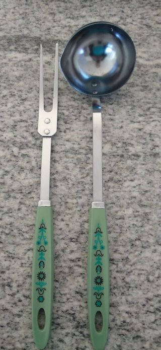 Vintage Androck Stainless Steel Ladle & Fork - Made In Usa - 12 " Long/green Floral