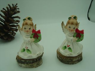 Vtg.  Set Of 2 Josef Originals Christmas Angels W/wreath Ceramic Figurine Japan