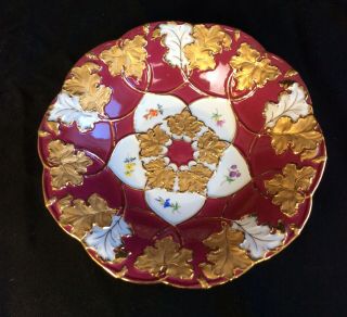 Antique Meissen Crossed Swords Red Bowl Hand Painted Flowers Gold Gilt Leaves