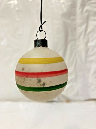 Vtg Unsilvered White Glass Ball Christmas Ornament Pink Yellow Green Stripes 2”
