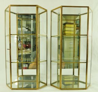 Pair 16 " Brass Glass 3 Shelf Mirrored Table Top Wall Curio Cabinet Display Cases