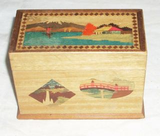 Vintage Wood Japanese Marquetry Playing Card Box & Double Deck Cards
