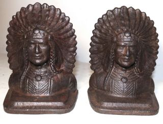 2 Antique Solid Cast Iron Figural Native American Indian Chief Bookends