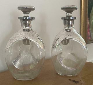2 Antique Hammered Silver Overlay Etched Glass Decanters Pinch Bottles,  Stoppers