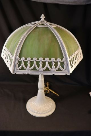 Antique Miller Era Art Nouveau Green Slag Glass Domed Table Lamp