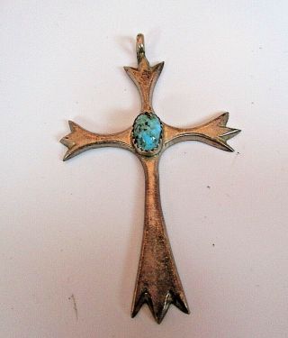 Vintage Native American Sand Cast Sterling Silver,  Turquoise Cross Pendant