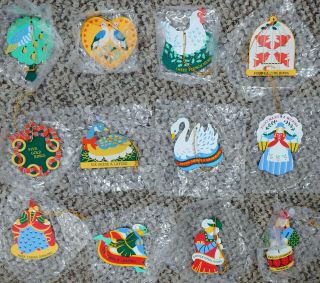 Vtg Avon 12 Days Of Christmas Ornaments Complete Set Metal Double Sided