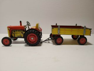 Vintage Zetor Tin Wind Up Toy Tractor And Trailer