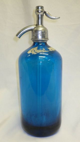 Vintage Blue Glass Made In Czechoslovakia Safe - T Seltzer Water Bottle 26 Ozs