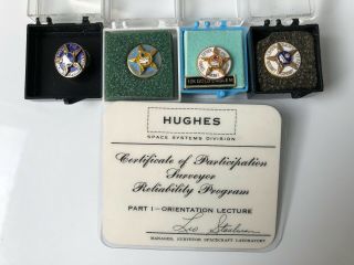 Hughes Aircraft Enamel Service Pins 5/10/15/20 Years,  Surveyor Spacecraft Card