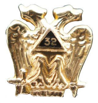 Vintage 10k Yellow Gold Scottish Rite 32nd Degree Double Eagle Masonic Lapel Pin
