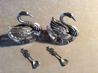 Pair (2) Sterling Silver And Crystal Swan Salts With Spoons