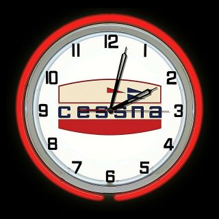 19 " Cessna Aircraft Early Logo Sign Red Double Neon Clock Airplane Hanger Cave