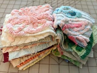 Vintage Chenille Bedspread Fabric,  25 Five Inch Squares For Sewing And Quilting