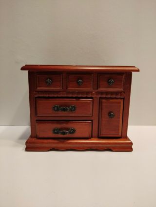 Small Vintage Wood Jewelry Box With Lid / Mirror,  Drawers,  And Ring Compartment.