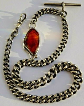 Victorian Solid Silver Pocket Watch Albert Chain With Silver & Amber Fob