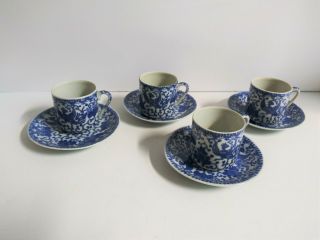 Vintage Japanese Blue & White Phoenix Bird Demitasse Tea Cups & Saucer Set Of 4