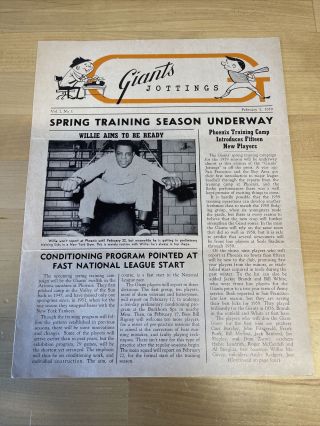 Vintage Feruary 5,  1959 Giants Jottings Baseball Newsletter - Willie Mays