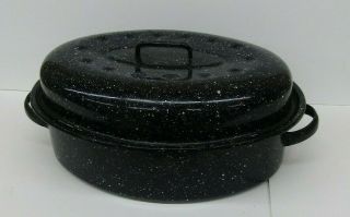 Vintage Black White Speckled Enamel 16 " Oval Roasting Pan With Lid
