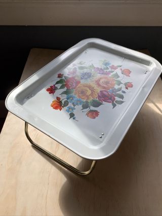Vintage Metal Tv Tray With Folding Legs Floral Design