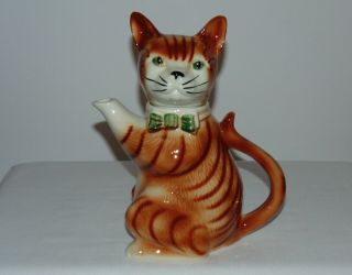 Vintage Made In England Pottery Tabby Cat Teapot Green Eyes