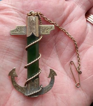 Fine Antique Victorian 15ct Gold And Jade Anchor Brooch 50 Mm Tall Nz Vgc