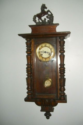 Antique German Vienna Wall Clock,  Horse Top Piece 35 " Long Good Con