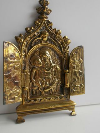 Antique Solid Bronze Neo - Gothic Triptych Religious Icon 19th C.