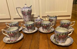 Antique Limoges China Porcelain Lavender Floral Gold Tea Coffee Service Set Of 6