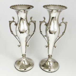 Pair Antique George V Sterling Silver Vases Birmingham 1912 Henry Matthews